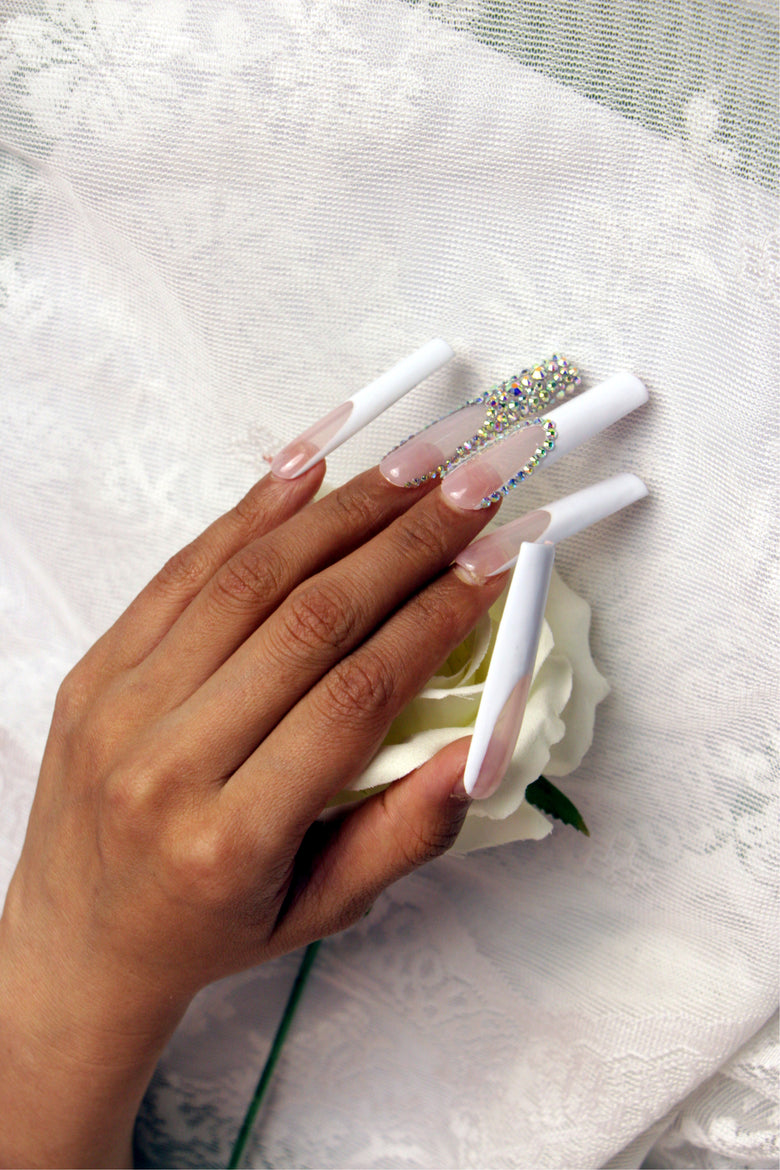 French Pink & White Diamond Nails【H44-1205】